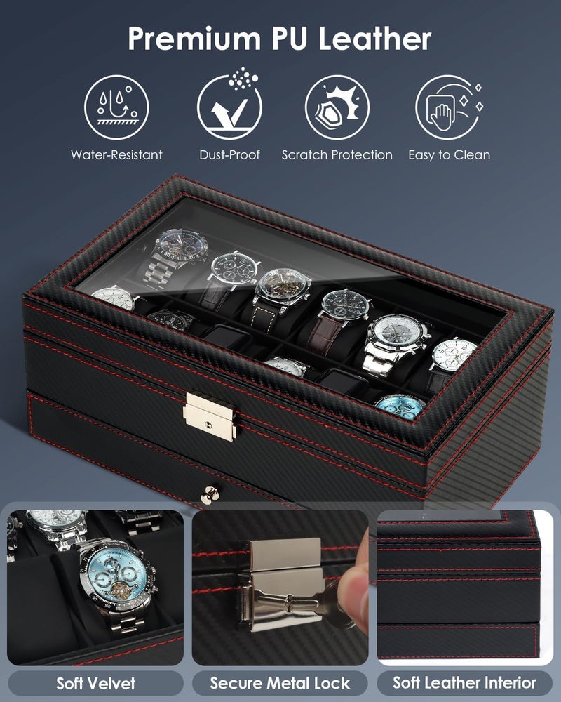 Kukikan Watch Box Jewelry Organizer, 12-Slot 2-Layer Watch Case Storage with Large Glass Lid, Watch Storage Case for Men with Lock, Watch Holder Display Case, Gift for Men Women - Image 5